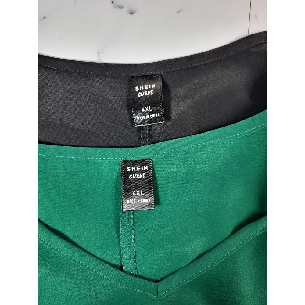 Shein Curve V-neck Black & Green Tops‎ Flutter Sleeve Flare Hem Size 4XL Career - Picture 8 of 9